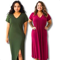 Kit 2 Vestido Longo Feminino Midi Liso Com Fenda E Bolsos