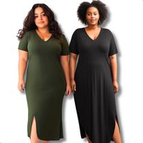 Kit 2 Vestido Longo Feminino Midi Liso Com Fenda E Bolsos