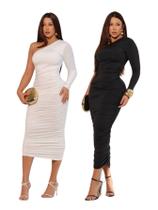 Kit 2 Vestido Longo Um Ombro Só Manga Longa Simples Elegante Festa Justo Premium