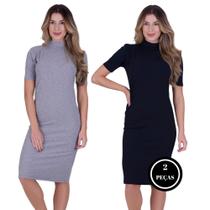 Kit 2 Vestido Manga Curta Gola Alta Inverno Midi -c1 KIT 2 MONALISA PRETO E CINZA Kit 2 Vestido Manga Curta Gola Alta Inverno Midi -c1 KIT 2 MONALISA PRETO E CINZA