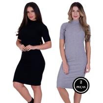 Kit 2 Vestido Manga Curta Gola Alta Inverno Midi - c2 KIT 2 MONALISA PRETO E CINZA Kit 2 Vestido Manga Curta Gola Alta Inverno Midi - c2 KIT 2 MONALISA PRETO E CINZA