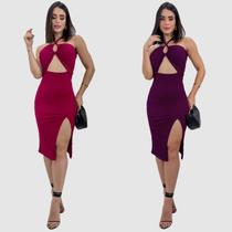 Kit 2 Vestido Midi Canelado Fenda Lateral Tubinho Vazado Tendência Verão Kit 2 Vestido Midi Canelado Fenda Lateral Tubinho Vazado Tendência Verão