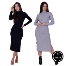 Kit 2 Vestido Midi de Inverno Manga Longa e Gola Alta - c3 KIT 2 PATRÍCIA PRETO E CINZA