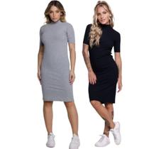 KIT 2 Vestido Midi Manga Curta Bella Fiore Gola Alta Blogueira Canelado Moda Casual Feminina KIT 2 Vestido Midi Manga Curta Bella Fiore Gola Alta Blogueira Canelado Moda Casual Feminina