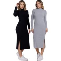 KIT 2 Vestido Midi Manga Longa Vekyo Gola Alta Blogueira Canelado Moda Casual Feminina