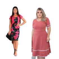 Kit 2 Vestido Midi Plus Size Festa Moda Feminina Estampados Madrinha Casamento Evangelico