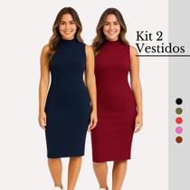 Kit 2 Vestido Midi Tubinho Regata Canelado Gola Alta