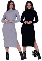 Kit 2 Vestidos Básicos Canelados Com Fenda Gola Moda Inverno