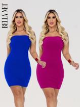 KIT 2 Vestidos Curto Colado sem alça Anarruga Sem Bojo Lindas Cores - 1 Azul - 1 Fúcsia - P