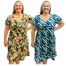 Kit 2 Vestidos Estampados Moda Plus Size Manga Curta Midi Gola V Frente Dupla