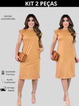 Kit 2 Vestidos Feminino Casual Com Bolso Vestido Midi Soltinho Tecido Algodão Manga Curta Muscle Tee