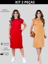 Kit 2 Vestidos Feminino Casual Com Bolso Vestido Midi Soltinho Tecido Algodão Manga Curta Muscle Tee