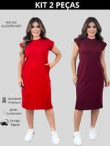 Kit 2 Vestidos Feminino Casual Com Bolso Vestido Midi Soltinho Tecido Algodão Manga Curta Muscle Tee