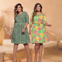 Kit 2 Vestidos Feminino Plus Size Estampado Manga 3Quartos Com Cordinha Na Cintura Estampa Sortida