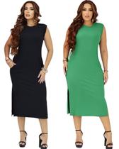 Kit 2 Vestidos Femininos Reto Canelado com Bolsos Tecido Macio e Soltinho Veste 38-42