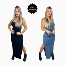 Kit 2 Vestidos Longo Alcinha Canelado Fenda Lateral Sem Bojo Básico Festa Kit 2 Vestidos Longo Alcinha Canelado Fenda Lateral Sem Bojo Básico Festa