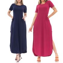 Kit 2 Vestidos Longo De Lycra Premium Azul Marinho e Pink Com Fenda Lateral