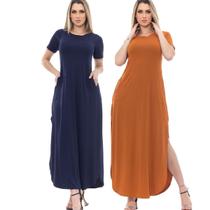 Kit 2 Vestidos Longo Premium Azul Marinho e Caramelo Com Fenda Lateral