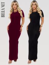 KIT 2 Vestidos Longos com Manguinha Fendas Laterais Lindo Moda Gringa - Vinho - M KIT 2 Vestidos Longos com Manguinha Fendas Laterais Lindo Moda Gringa - Vinho - M