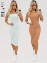 KIT 2 Vestidos Midi Colado Sem Alça Anarruga Sem Bojo Lindas Cores 1 Marrom 1 Nude G