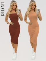 KIT 2 Vestidos Midi Colado Sem Alça Anarruga Sem Bojo Lindas Cores 1 Marrom 1 Nude G