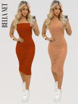 Kit 2 Vestidos Midi Sem Alça Anarruga Tecido Grosso Moda Influencer Vestido colado vestido justo festa balada - 1 Marrom - 1 Terracota - G