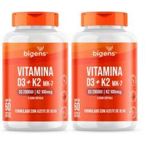 Kit 2 vitamina d3 2000ui + k2 mk7 100mcg oleo de oliva 60 caps bigens