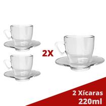 Kit 2 Xícaras Chá 220mL Mesa Posta Transparente C/ Pires