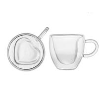 Kit 2 Xícaras Coração P/Chá e Café Vidro Parede Dupla 230ml Kit 2 Xícaras Coração P/Chá e Café Vidro Parede Dupla 230ml