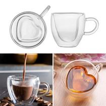 Kit 2 Xícaras Coração P/Chá e Café Vidro Parede Dupla 230ml