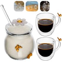 Kit 2 Xícaras De Café 80ml Açucareiro 270ml de Vidro Com Tampa butterfly