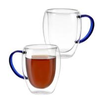 Kit 2 Xícaras em Vidro Borossilicato Parede Dupla 350ml Azul