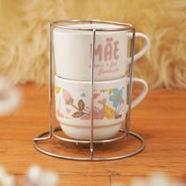 Kit 2 Xícaras empilhável em Porcelana Café Chá Branca Com Suporte Mãe é Raiz Kit 2 Xícaras empilhável em Porcelana Café Chá Branca Com Suporte Mãe é Raiz