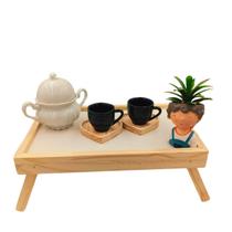Kit 2 xícaras Porcelana + Bandeja Café da Manhã Na Cama Pés Dobráveis