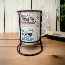 Kit 2 Xicaras Porcelana Chá Café Flork Casal + Suporte Metal