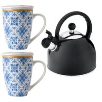 Kit 2 Xícaras Porcelana Chá Tampa Infusor e Chaleira Inox com Apito 1,75L