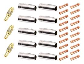 Kit - 20 Bicos de Contato M6X25 0,8 mm + 3 Porta Bico 15AK M6 + 10 Bocal 15 AK 12mm Kit - 20 Bicos de Contato M6X25 0,8 mm + 3 Porta Bico 15AK M6 + 10 Bocal 15 AK 12mm