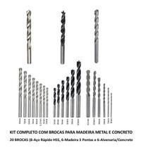 Kit 20 Brocas Sortidas Madeira Concreto Aço Rápido 2 a 12mm Completo