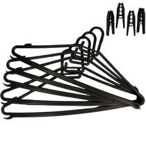 Kit 20 Cabide Adulto Plástico Preto Redondo Reforçado Atacado + 12 Prendedor P/ Guarda Roupas