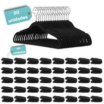 Kit 20 Cabides e 40 Presilhas Veludo Slim Adulto Closet Guarda Roupa Armario Blusa Camisetas Calça Vestido