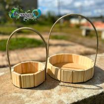 Kit 20 Cestas de Madeira Fraldeira Redonda com Alça de Vime 10un 23cm + 10un 14cm Porta-Objetos