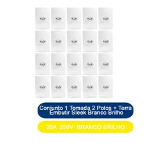 Kit 20 Conjunto 1 Tomada 2 Polos + Terra 20A 250V Embutir Sleek Margirius Branco Brilho Kit 20 Conjunto 1 Tomada 2 Polos + Terra 20A 250V Embutir Sleek Margirius Branco Brilho