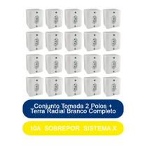 Kit 20 Conjunto Tomada 2 Polos + Terra 10A Sobrepor Sistema X Radial Branco Completo