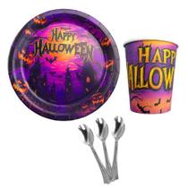 KIT 20 Convidados Pratos Copos De Papel Colheres 14cm Halloween Festa Dia Das Bruxas KIT 20 Convidados Pratos Copos De Papel Colheres 14cm Halloween Festa Dia Das Bruxas