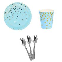 Kit 20 Convidados Pratos Copos Descartáveis Papel Colher 14cm Para Festa Azul Kit 20 Convidados Pratos Copos Descartáveis Papel Colher 14cm Para Festa Azul