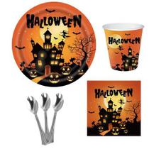 Kit 20 Convidados Pratos Copos Guardanapo Papel Colher Halloween Castelo Kit 20 Convidados Pratos Copos Guardanapo Papel Colher Halloween Castelo