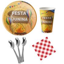 Kit 20 Convidados Pratos Copos Guardanapos Colher 14cm Festa Junina Fogueira Papel
