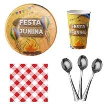 Kit 20 Convidados Pratos Copos Guardanapos Colher 14cm Fogueira Festa Junina Papel
