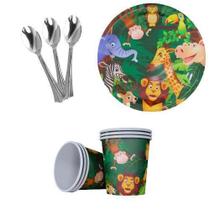 Kit 20 Convidados Pratos Copos Papel Colher 14Cm Safari Kit 20 Convidados Pratos Copos Papel Colher 14Cm Safari