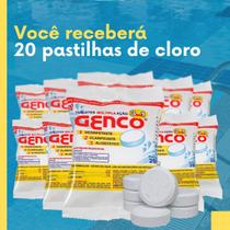Kit 20 Pastilhas Cloro Multiação Genco 3 em 1 Para Piscinas
